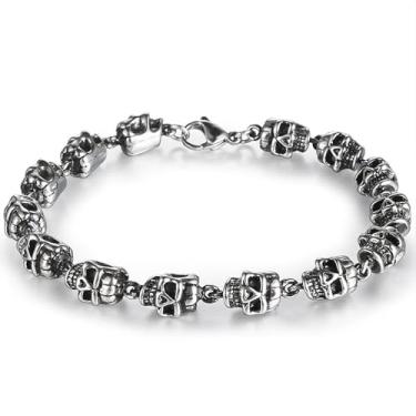 Imagem de KNITUKL Pulseira de aço inoxidável para homens, joia de caveira de motociclista punk rock gótica, joia de pulseira masculina, A, Latão, Diamante