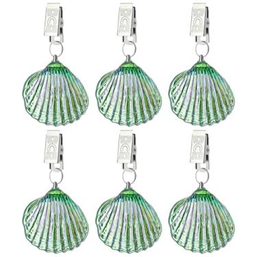 Imagem de LONGSHENG - SINCE 2001 - Conjunto de 6 clipes de vidro artesanais para toalha de mesa verde com 6 clipes de peso de toalha de mesa estilo concha