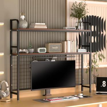 Imagem de FAHKNS Estante de mesa de 2 níveis – Organizador de estante de mesa de metal, organizador de livros de mesa com 3 ganchos e malha de armazenamento DIY, adequado para escritório/sala de jogos/estudo