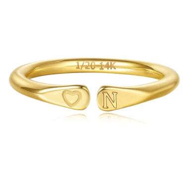 Imagem de YIKOXI Anéis femininos preenchidos a ouro 14 k com inicial esculpida à mão e não mancham alianças em formato de coração para mulheres, Aço inoxidável, Sem pedra preciosa