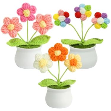 Imagem de 3 peças de flores artificiais de crochê de 14 x 12 cm pequenas tricotadas com vaso para decoração de painel de carro de escritório