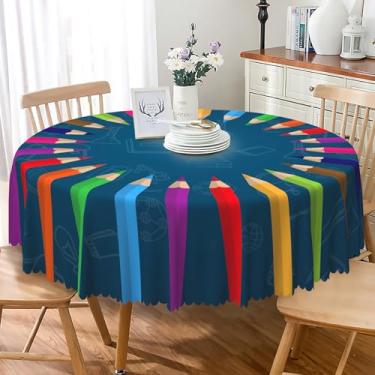 Imagem de SIEDYCV Toalha de mesa redonda Back to School, quadro negro, 106 cm, lápis colorido, papelaria, tecido estampado, impermeável, reutilizável, capa de mesa azul para jantar, primeiro dia de aula