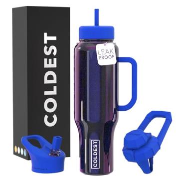 Imagem de Copo Coldest com alça e canudo, copo isolado 100% à prova de vazamento com tampa e canudo (3 tampas), copos de aço inoxidável para mulheres e homens, compatível com porta-copos, 1,304 g (azul