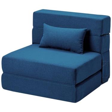 Imagem de Sofá-cama Suyols dobrável com travesseiros, poltrona conversível em sofá e colchão, com espuma viscoelástica para sala/dormitório/quarto/escritório/apartamento/mezanino, solteiro 28, azul-marinho
