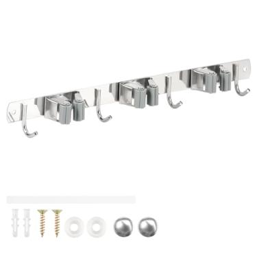 Imagem de ZJRDYYK Suporte de parede para esfregão e vassoura, organizador de vassouras de aço inoxidável, suporte de ferramentas para casa, cozinha, jardim, lavanderia, garagem, porão (3 prateleiras e 4 ganchos