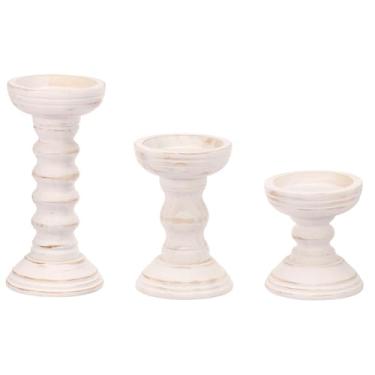 Imagem de ZJRDYYK Pacote com 3 castiçais de madeira para velas de pilar, suportes de vela de pilar de madeira, suporte de vela de madeira para mesa central, lareira, casa, branco