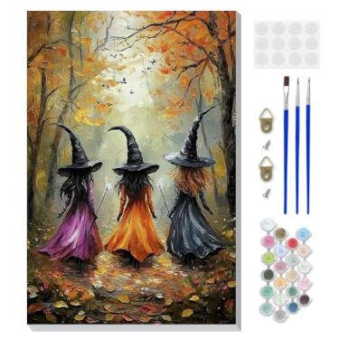 Imagem de DOMROM Kit de pintura emoldurada por números para adultos iniciantes com cavalete de madeira, kit de pintura de bruxa de Halloween por número em tela, kits de pintura a óleo DIY para decoração de