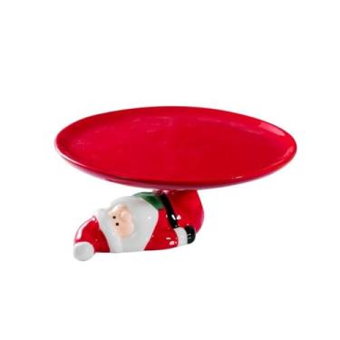 Imagem de Suporte de bolo de cerâmica de Papai Noel de Natal – Prato de sobremesa vermelho pintado à mão, suporte de bolo de cerâmica de Papai Noel festivo para decoração de mesa de festa de Natal