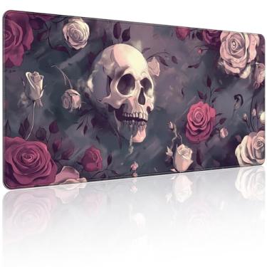 Imagem de 90 x 40 cm, mouse pad grande KOBWOPI XXL para mesa, mouse pad estendido para escritório de computador, mouse pad grande com bordas costuradas, PC-caveira vermelha rosa borboleta
