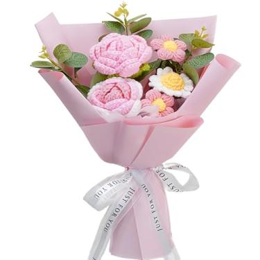 Imagem de Buquê de flores de crochê, buquê de tricô feito à mão, kit de buquê de flores de crochê, margarida rosa falsa para casamento, aniversário, decoração de casa, presentes de dia dos namorados