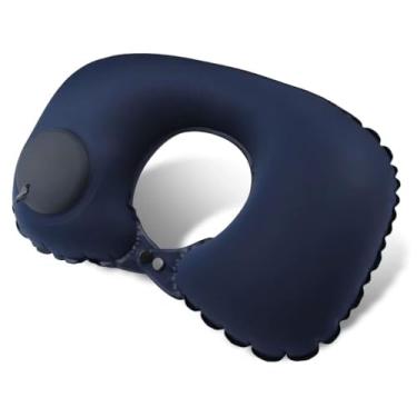 Imagem de Almofada Inflável de Pescoço para Viagem, Travesseiro Portátil e Confortável para Avião, Carro e Relaxamento (Azul Marinho)