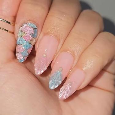 Imagem de RTKHFZE Unhas postiças curtas de amêndoa, unhas postiças, pontas francesas, com glitter 3D, desenhos de redemoinho, unhas de acrílico, rosa, cobertura total, pregos que adicionam brilho a você
