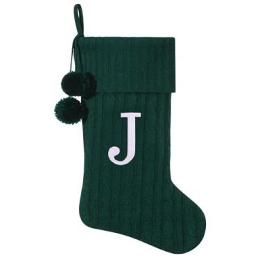 Imagem de Pxniy Meia de Natal personalizada de 48 cm - malha verde com monograma bordado e pompons, cabide de lareira familiar para decoração de férias, letra verde J