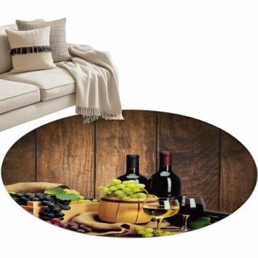 Imagem de Coleção de tapetes redondos, 10 m, vinho/verde, uva, antiderrapante, tapete circular para uso interno, tapete para sala de estar, mesa de jantar, quarto, berçário, decoração vintage marrom de madeira