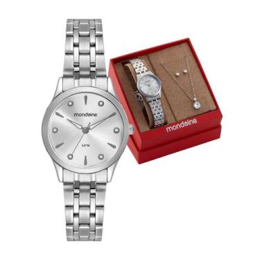 Imagem de Kit Relógio Feminino Mondaine Cristais Prateado À Prova D'Água 50M 326