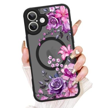 Imagem de AIGOMARA Capa floral para iPhone 17 [compatível com MagSafe] Linda flor de lírio rosa roxa com capa de telefone semitransparente para mulheres Gilrs TPU macio e PC capa protetora traseira fina para