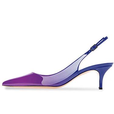 Imagem de Divanne Slingback Pumps, sandália feminina bico fino salto baixo tira slingback salto gatinho sapatos noite festa casamento, Roxo, azul, patente, 38