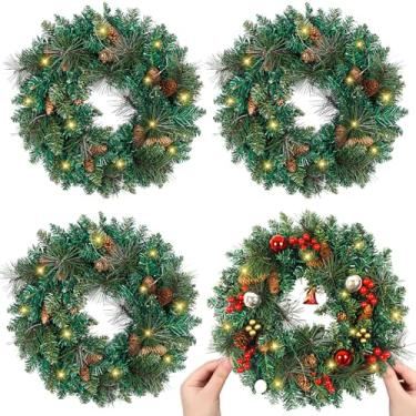 Imagem de 4 coroas de pinheiro artificiais grandes de 50,8 cm com luzes, pinhas, guirlanda de casa de fazenda, guirlandas de Natal verdes de Natal para janelas, porta da frente externa (4, 50,8 cm)