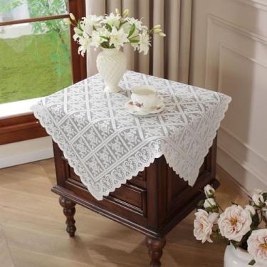 Imagem de Toalha de mesa quadrada de cabeceira de renda, toalha de mesa pequena bordada xadrez para mesa de cabeceira, capa de mesa lateral francesa, protetor de mesa para casamento, chá de bebê, festa 89 x 89