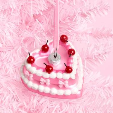Imagem de xo, Fetti Enfeite de bolo de coração vintage | Decoração de árvore de Natal rosa, rosa com glitter, decoração de férias para pendurar cerejas, lindo enfeite de meia