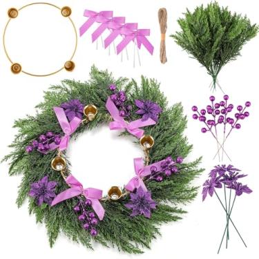 Imagem de Potchen Anel de guirlanda do advento de Natal com fita roxa, flor de Natal, folhas de cipreste, tradicional, católico, faça você mesmo, conjunto de decoração do advento para casa, igreja, mesa de