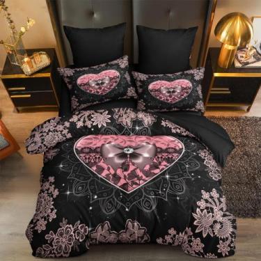 Imagem de Conjunto de edredom Coutuechen Black Pink Heart em tamanho real - CCou