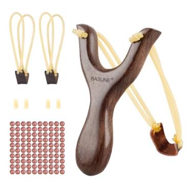Imagem de BASUNE Estilingue de caça de madeira com alça ergonômica, conjunto de caça profissional, inclui aproximadamente 100 bolas de argila e faixas de substituição, tiro para adultos e atividades de caça