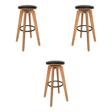 Imagem de Kit 3 Banquetas Decorativas Hetfield Pu Madeira C/apoio Para Os Pés Base Giratória G56 - Gran Belo