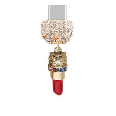 Imagem de ELISE & FONDA TP959 Tipo-C porta de carregamento cristal antipoeira pequeno batom cristal 3D pingente de telefone celular para iPhone 15/16/Samsung/OnePlus/Xiaomi/oppo telefones Android (dourado)