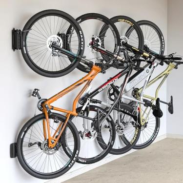 Imagem de monTEK Suporte de parede giratório para bicicleta – pacote com 4 cabides de garagem e suporte vertical para bicicleta que economiza espaço para garagem e apartamento, gancho de armazenamento de