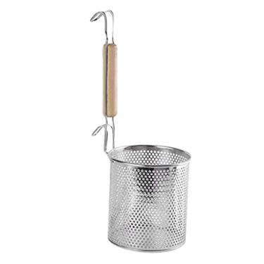 Imagem de Coador de macarrão de aço inoxidável com alça de gancho de madeira - Cesta de coador de massa fácil de usar para macarrão quente, frutas e muito mais - peso e cozinha - 14 cm