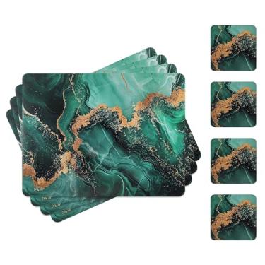 Imagem de fanquare Jogo americano e porta-copos de cortiça, conjunto de 4 tapetes de mesa com design de padrão de mármore, superfície dura, resistente ao calor e decoração de mesa abstrata fácil de limpar