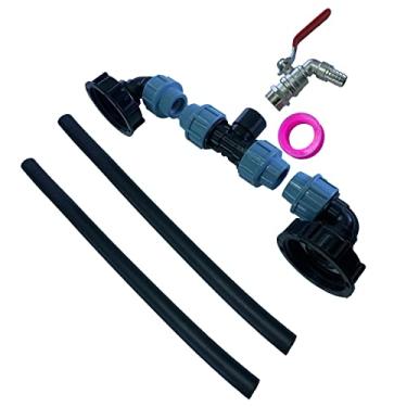 Imagem de Adaptador de tanque IBC, rosca grossa, adaptador de drenagem, 1 tubo, 2 conectores curvos, conector de mangueira para água, óleo, combustível, jardim, quintal, torneira, fácil instalação, E