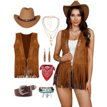 Imagem de Angelaicos Roupas femininas de caubói ocidental, fantasia de caubói, colete com franjas, tops do oeste selvagem, Marrom, GG