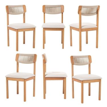 Imagem de Kit 6 Cadeiras com Encosto Corda Assento Estofado Florença Areia/Cru/Verniz Mel