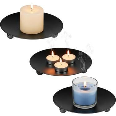 Imagem de Conjunto de pratos minimalistas de metal com base de vela redonda resistente ao calor de 7,6 a 12 cm – suporte decorativo para velas para casa e eventos (preto)