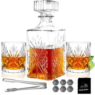 Imagem de INFTYLE Conjunto de decantadores de uísque para homens, 2 peças de copos de uísque e 1 garrafa de vidro com pedras refrescantes, conjunto de decantador de licor de uísque transparente para presente