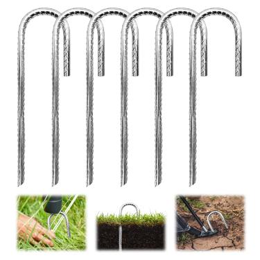 Imagem de Ucandy Pacote com 6 estacas de vergalhão de jardim de 3/20.3 cm de altura gancho J de espessura pesada âncoras de aço galvanizado para cerca de elo de corrente, trampolim, barraca de acampamento