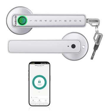Imagem de Kadonio Fechadura de porta inteligente prata com impressão digital, sem chave, com alça, maçaneta com aplicativo, código, impressão digital, chave de reserva para quarto, casa