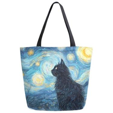 Imagem de Bolsa de compras Lunar Starry Night Cat Extra Grande Van Gogh Galaxy Space Planets Estrelas Reutilizável Sacola de Lona Casual Praia Compras Sacola de Ombro Lavável Resistente com Alças