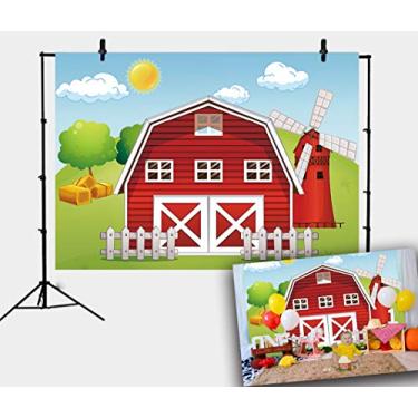 Imagem de RUINI Banner com tema de fazenda com desenho animado vermelho moinho de vento casa decoração de festa de aniversário infantil (1,5 x 7 m)