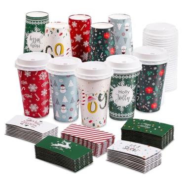Imagem de Bapmnicc Pacote com 50 Xícaras de Café Descartáveis de Natal com Tampas e Mangas, Copos de Café To Go 473 ml, Copos de Papel de Natal para Cacau Quente, Chocolate Quente, Suprimentos para Bebidas