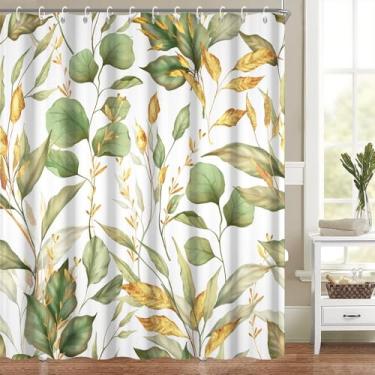 Imagem de Cortina de chuveiro com folhas de primavera para banheiro com tema botânico moderno conjunto de decoração de banheiro aquarela verde ouro planta folha cortinas de banheira lavável tecido de poliéster