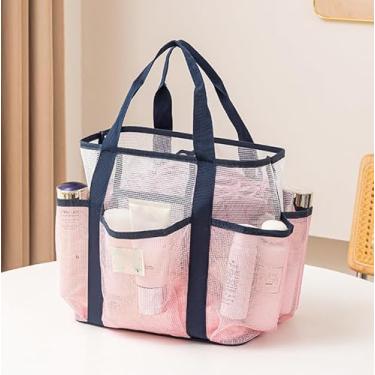 Imagem de Bolsa feminina de malha para praia – Organizador de chuveiro de grande capacidade com compartimentos de separação a seco e molhado, rosa