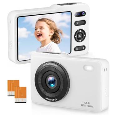 Imagem de Câmera digital, câmera infantil FHD com lente dupla, câmera digital de 64 MP com cartão SD de 64 GB, zoom 16x, câmera compacta, presente infantil para meninos e meninas (branca)