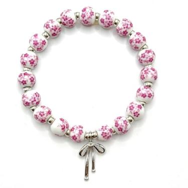 Imagem de Pulseira feminina vintage com contas – Design de laço floral elástico feito à mão, joia delicada, presente para ela, pulseiras românticas ajustáveis para uso diário, Small, Liga de cerâmica, Sem Pedra