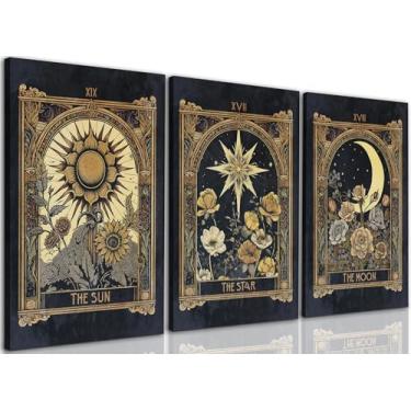 Imagem de FWAHREN Conjunto de 3 arte de parede em tela com cartas de tarô e estrela do sol, lua, vintage, imagens celestiais, pinturas de astrologia mística, decoração de parede Witchy Dark Academia, quarto