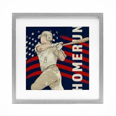 Imagem de Stupell Industries Patriotic Home Run Baseballer Impressão emoldurada cinza sob vidro, design por LightBoxJournal, 13 x 13