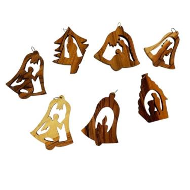 Imagem de Conjunto de enfeites de presépio de madeira de oliveira esculpida à mão de 7 peças – Decoração de árvore de Natal de Jesus da Terra Santa de Belém - Presente artesanal cristão 6,3 cm (estrela, anjo