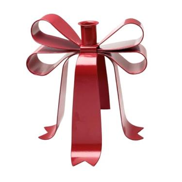 Imagem de Ioensy Castiçal em forma de laço, castiçal de metal, peça central de Natal, elegante suporte para velas, ideal para jantares em estilo rústico ou lareira, Vermelho